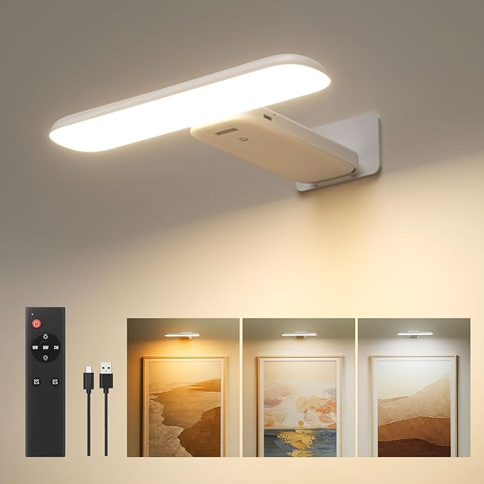 Picture Lights for Wall Rechargeable, Picture Frame Lights, Dartboard light | FULEN LED Frame Lights for Wall, Paintings, Photo, Gallery, 3000K/4500K/6000K, Remote Control, No Wiring, White