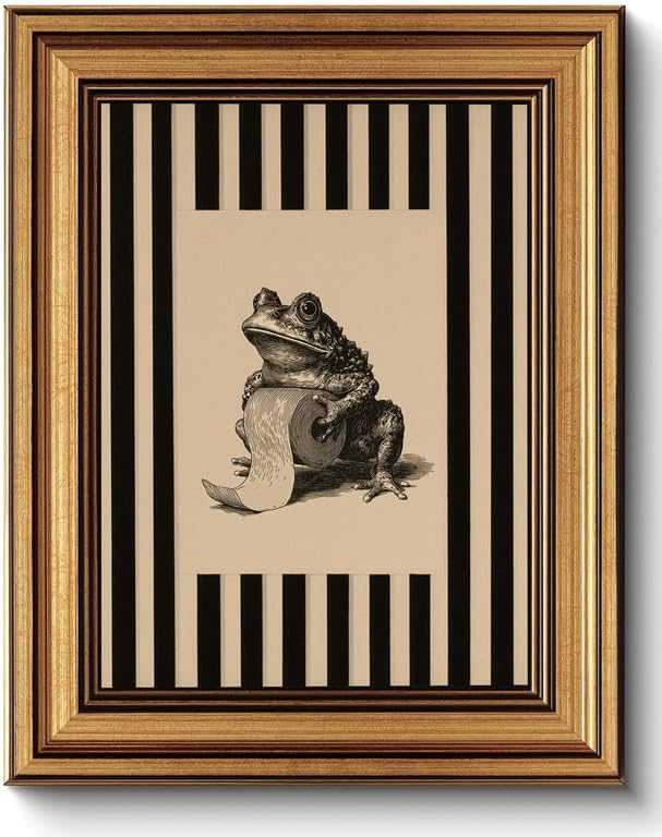 Funny Bathroom Gold Framed Wall Art Vintage Whimsical Frog Wall Decor Art | Black Beige Striped Picture Canvas Art Retro Animal Small Framed Prints Artwork For Vanity Shelf Restroom Toilet Powder Room