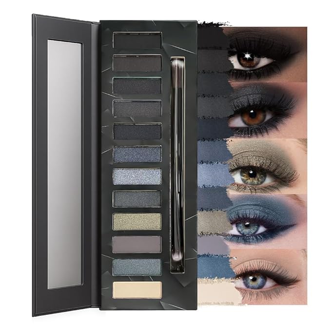 12 Colors Highly Pigmented Eye Shadow Cool Shades Palette Makeup Kit for Women, Black Coal Steel Gray Silver Beige Yellow Eyeshadows, Smoky Shimmery Metallic Eyeshadow Palette Long-Lasting Waterproof