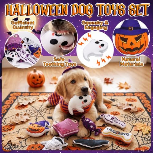 Soulchen 80 Pcs Halloween Dog Squeaky Toys, 8 Styles Plush Toys Bulk