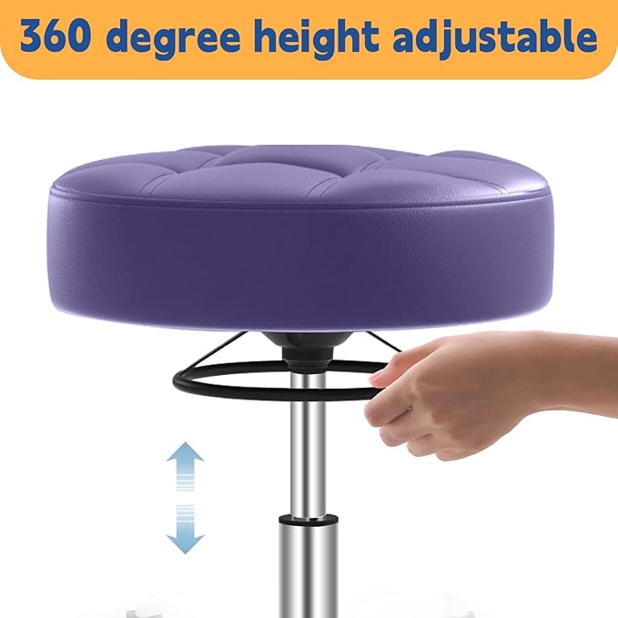 YEEZEE Heavy Duty 400lb Rolling Stool: Super Soft Leather Seat Cushion, 360 Swivel, Height Adjustable, No Squeak, No Tip Over, Salon & Spa Stool, Purple