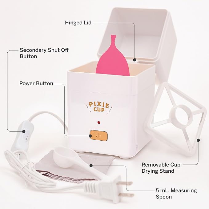 Pixie Menstrual Cups with Sterilizer - The Most Comfortable Soft Reusable Period Cup - Kills 99.9% of Germs with Clean Steam - Wash Your Cup in 3 Minutes! - Compact Sanitizer Kit for Feminine Care