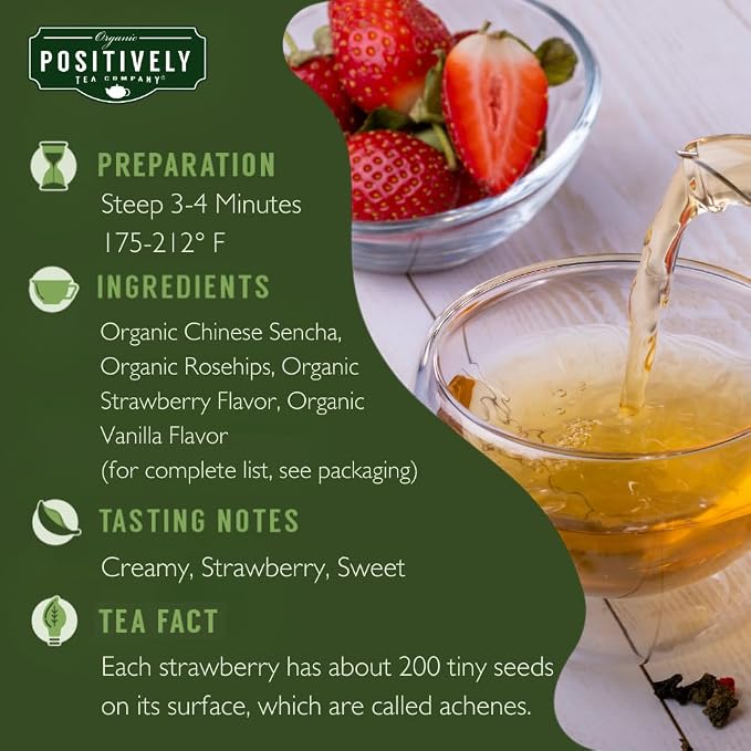 Organic Positively Tea Company, Strawberries and Cream Green Tea Bags, 20 Count