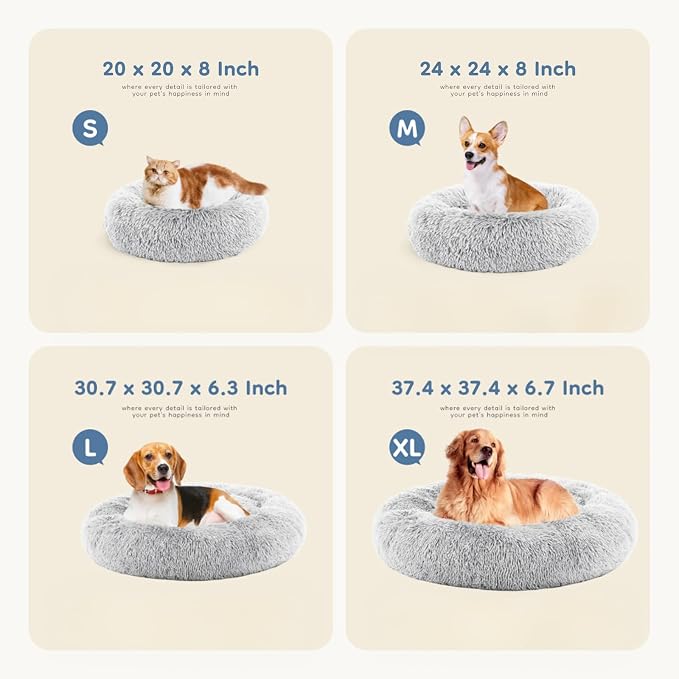 DUMOS 30.7 Inch Large Donut Dog Bed for Indoor Use, Fluffy Faux Fur Plush | Warming Cozy Round Pet Bed, Machine Washable Cuddler, Anti-Slip Bed for Dogs and Cats, Grey