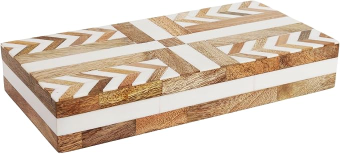 Handicrafts Home White Large Decorative Storage Box with Lid Wooden Decorative Box Coffee Table Storage Box Living Room Organizer Storage Box – Resin Inlay Patisserie Adorn Collection- 12x6x2