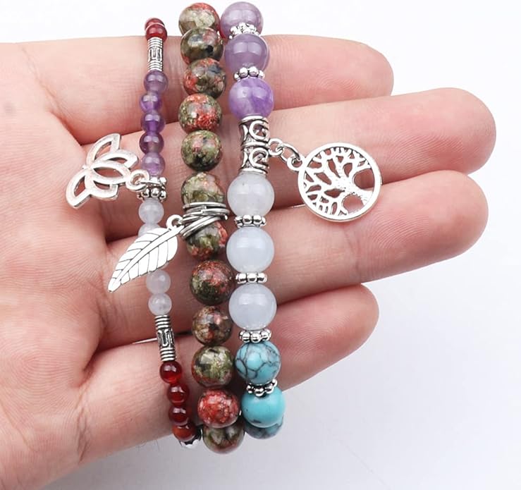 UEUC Tree of Life Yoga Healing Stone Bracelets,Multilayer Lotus Chakra Stone Reiki Bracelet Sets,Anxiety Crystal Natural Stone,for Women Stress Relief