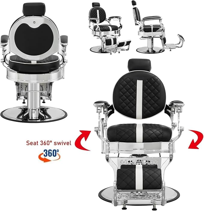 Kaleurrier Heavy Duty Barber Chair for Barbershop - Quilted Leather Hair Stylist Chair with Chrome Accents - Salon Furniture Equipment for Salon Station Home Massage Tattoo Black and White