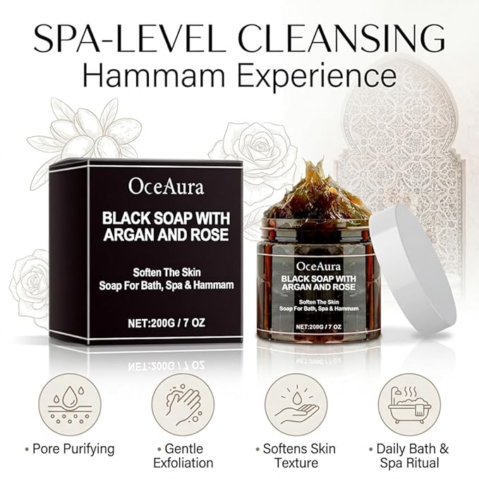 Moroccan Black Soap Hammam, Black Soap for Face, Exfoliating Body Cleanser, Argan Oil Nut Oil and Rose Oil– Deep Cleansing, Softens Skin Highly Moisturize (1PCS Moroccan Body Care)