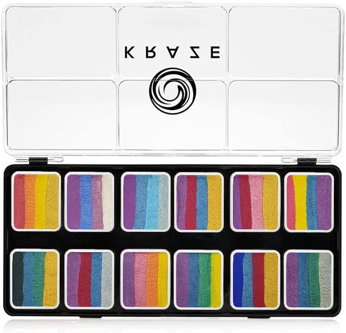 Kraze FX Splash Glam 12 Color Metallic Split Cake Palette (6 gm) with 2 Brushes - Water Activated, Hypoallergenic, Safe, Non-Toxic Face Painting Kit for Sensitive Skin, Kids & Adults