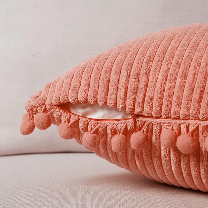 Fancy Homi Pack of 2 Coral Decorative Throw Pillow Covers 16x16 Inch with Pom-poms for Living Room Couch Bedroom, Soft Corduroy Peach Solid Square Cushion Case 40x40 cm, Rustic Farmhouse Home Decor