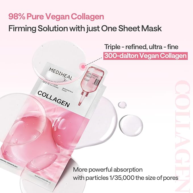 Mediheal Essential Face Mask [Collagen] Core Firming 10 pcs. with 98% Purity Collagen for Plumping Hydration, Glass Skin & Skin Firming - Travel Essentials, Vegan Formula Korean Beauty Sheet Mask