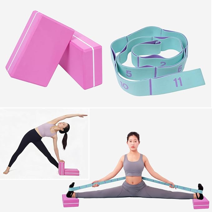 2 Pack Yoga Blocks 350g High Density, Non-Slip EVA Foam Brick with Bonus 11 loops Yoga Strap & Carry Bag, Pilates Block Set for Balance, Flexibility, Meditation, Home Gym & Studio