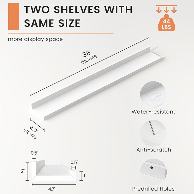 Picture Ledge Shelf, Floating Shelves for Wall, 36" W Set of 2, White | FSC Certified Engineered Wood, Wall Mounted Bookshelf, for Nursery Living Room Bedroom, Pre-Drilled, Easy Install