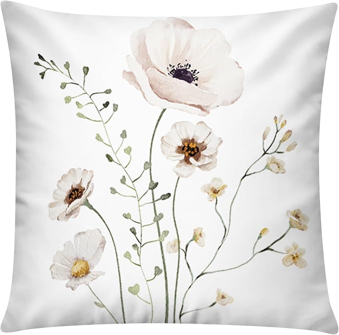 Watercolor Throw Pillow Covers 18x18 Set of 6, Botanical Floral Home Decor | Artistic floral, Standard Throw Pillow Size, Breathable Linen, Neutral flower, Couch Sofa Living Room, spring summer decor