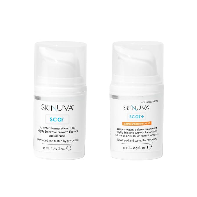 Skinuva® 24 Hour Care Kit: Next Generation Scar (0.5 oz) & Next Generation Scar+ SPF 30 (0.5 oz) - Advanced Silicone Cream Matrix Formulated with Growth Factors & Helps Reduce the Appearance of Scars