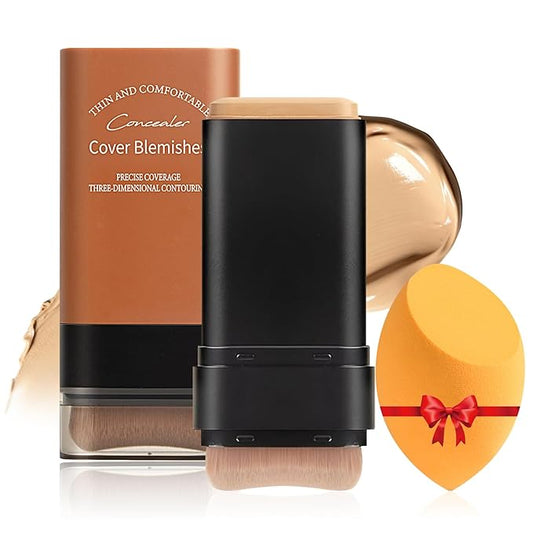 Full Coverage Foundation Stick with Contour Brush, Water Resistant & Lightweight Foundation Makeup with Beauty Sponge, Buildable Concealer Stick for Multiple Skin Tones, Daily Natural Matte Finish