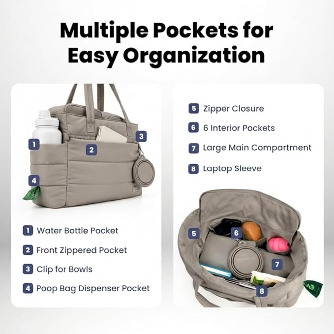 Rubyloo Puffer Dog Travel Bag for Dog Moms, Diaper Bag with Travel Bowls