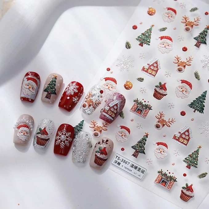 Christmas Nail Stickers for Nail Art, 5D Self-Adhesive Trees Cake Nail Decals, Mushroom Nail Supplies Nail Art Design Accessories for Women and Girls Manicure DIY Decoration
