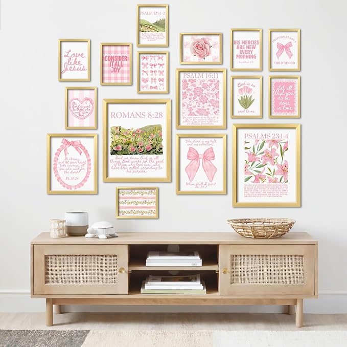 ANERZA 16 PCS Christian Coquette Wall Art Decor, Pink Bow Bible Verses Gallery Wall Prints for Bedroom Nursery, Jesus Posters for Living Room Aesthetic, Scripture Preppy Dorm Collage Kit for Girls Kids