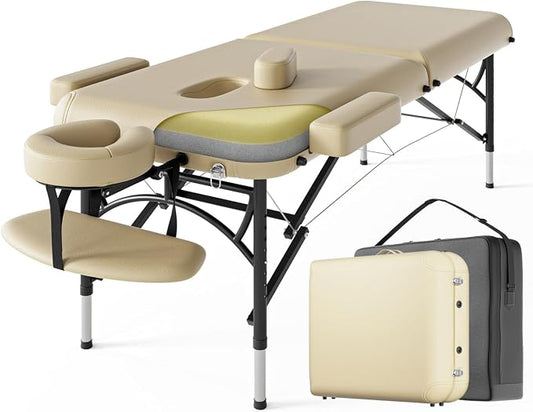 Professional Massage Table Portable 2 Fold Premium Memory Foam Aluminium Leg Hold Up to 1100LBS 8 Heights Adjustable with Carrying Bag Cream