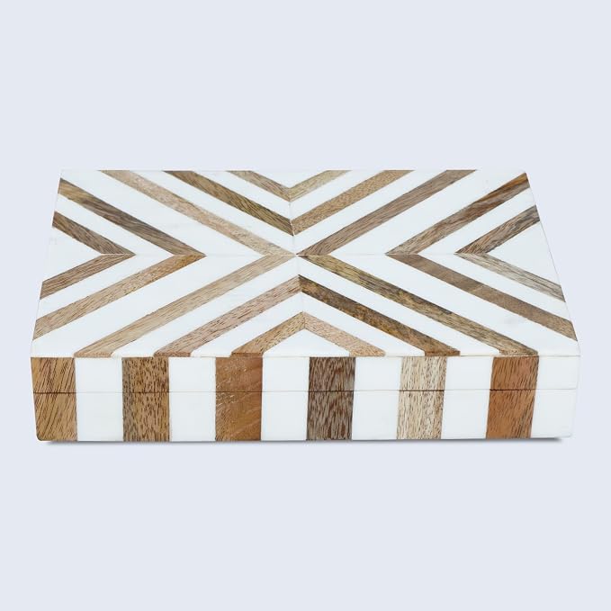 Handicrafts Home White Decorative Storage Box with Lid Wooden Desk Organizer Box Office Storage Box for Workspace Desk Decor Organizer – Resin Inlay Marquet Chevron Collection - 6x8x1.5