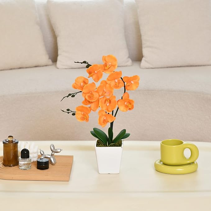 15" Silk Phalaenopsis Orchid in Square Pot, Orange Flower Plant Arrangement | Lifelike Faux Potted Blooms with Moss in a Ceramic Planter. Looks Real, Zero Upkeep, Ideal Centerpiece for Any Table