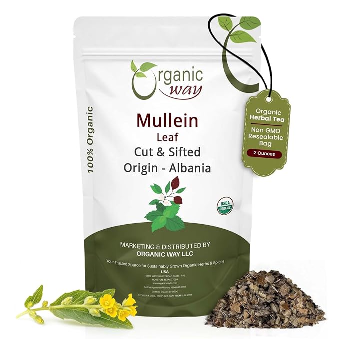 Organic Way Mullein Leaf | Herbal Tea (Verbascum Thapsus) Cut & Sifted - European Wild-Harvest | Organic & Kosher Certified | Non GMO & USDA Certified | Origin - Albania (2 Oz.)