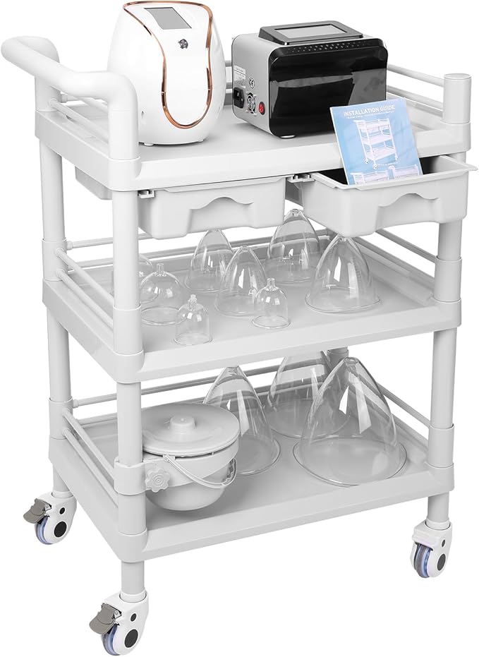 Beauty Trolley Cart with Wheels, Esthetician Cart with Handrail, Bucket and 2 Big Drawer, 3 Tier Heavy Duty Vacuum Therapy Machine Trolley, Load 330lbs, 360° Rotate Silent Wheels