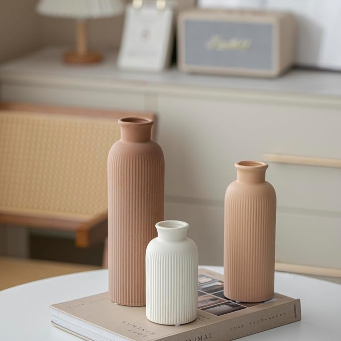 Modern Ceramic Vase Set, Earth Tone Natural Color Ribbed Matte Design, 3-Piece Decorative Vases for Home, Living Room, Office (Coffee Mix)