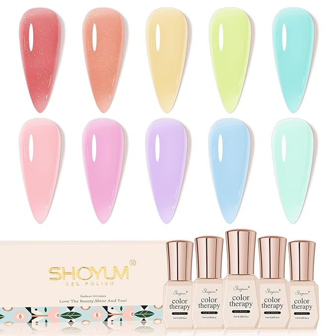 Jelly-Pastel Gel Nail Polish Set - 10 Pcs Pink Nude Gel Polish Set with Summer Yellow Blue Colors - DIY Soak Off Nail Lamp - Easter Decoration Gifts for Women - Manicure Kit