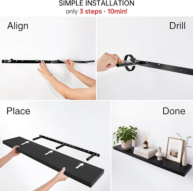 BAYKA Black Floating Shelves 47.2in, Set of 2, Wall Mount Rustic Wood Shelf | Easy Install, 30lbs Max Load, Hidden Bracket, for Bathroom Bedroom Coffee Bar Book Storage Decor, Multi-Wall Compatible