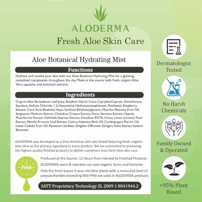 Aloderma Organic Aloe Botanical Hydrating Mister - Made within 12 Hours of Harvest to Soothe & Moisturize, Lightweight Fine Mist Facial Spray - Refresh & Hydrate Skin Through the Day, 120ml/4.23Oz