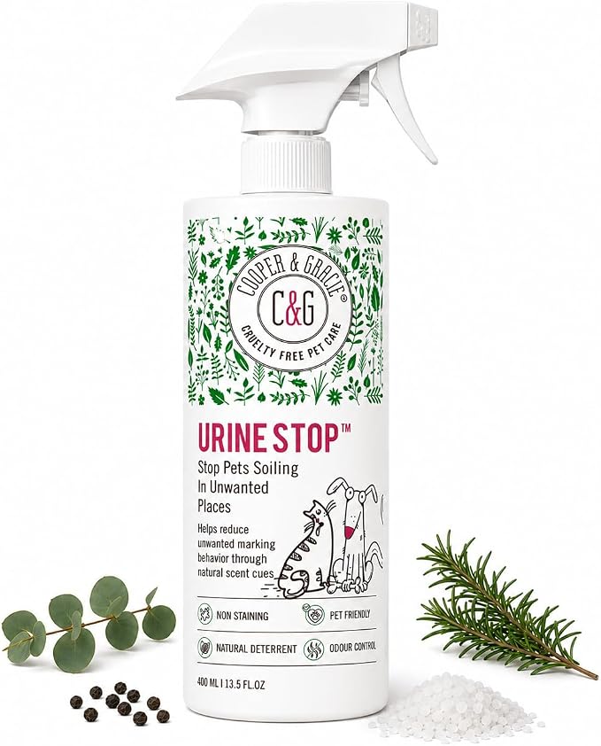 Cooper and Gracie Urine Stop Spray for Pets Odor Neutralizer Training Aid | Deters Repeat Marking, Neutralizes Odors, Supports Consistent Indoor Training, Plant-Based, Patented Mineral Complex, 400ml