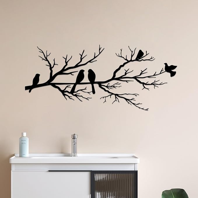 Metal Birds Wall Art, Metal Vivid Birds on Branch Silhouette Wall Decor Black Leaves with Bird Outdoor Hanging Wall Sculpture for Home Balcony Garden(Large)