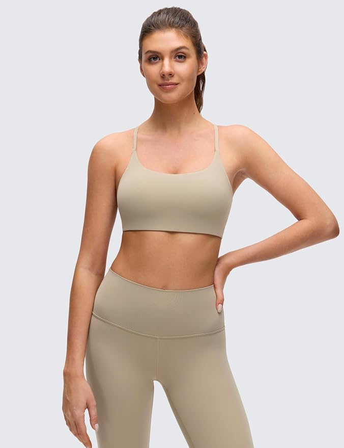 CRZ YOGA Butterluxe Twist Cross Back Sports Bras for Women - U Neck Padded Adjustable Spaghetti Straps Yoga Top