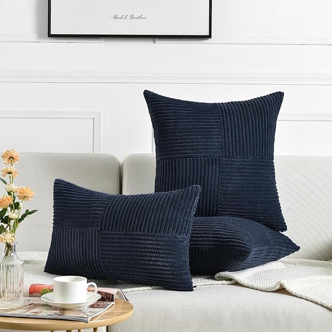 Fancy Homi Navy Blue Decorative Throw Pillow Covers 20x20 Inch for Living Room Couch Bed Sofa, Rustic Farmhouse Boho Home Decor, Soft Corss Corduroy Patchwork Accent Cushion Case 50x50 cm