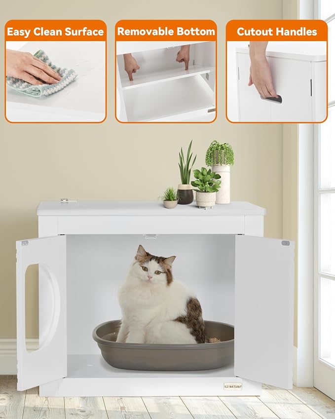 PETSFIT Cat Litter Box Enclosure Folding Furniture, Unfold to Use, No Assembly Needed, Litter Box Furniture as Cat House, End Table, Fit Most of Litter Box (White)