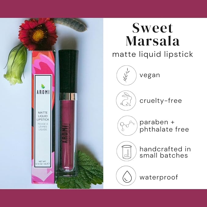 Aromi Rosy Burgundy Matte Liquid Lipstick | Long Wear, Pink Maroon Lip Color, Vegan, Cruelty-free, Waterproof, Gluten Free (Sweet Marsala)