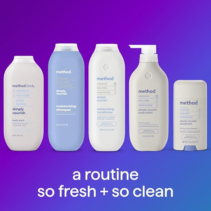 Method Moisturizing Shampoo, Simply Nourish with Shea Butter, Coconut, and Rice Milk Scent Notes, Paraben and Sulfate Free, 14 oz (Pack of 1)