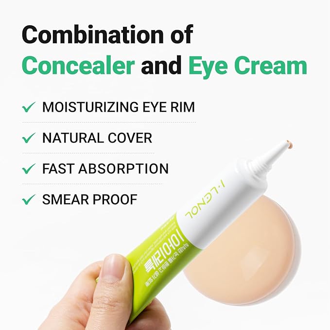 I Lenol Tinted Eye Cream for Dark Circles, Korean Undereye Cover & Care Dual Action Concealer, Hydrating Formula with Niacinamide, Dark Spot Cream 0.52 oz - Light Beige