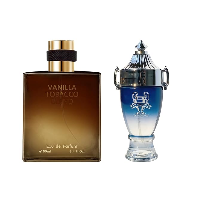 AFLUXE 2PCS Mens Perfume Cologne Long Last Strong EDP Natural Spray Gift Set, with Cocoa, Dried Fruits, Woody Fragrance for Daliy Use, 3.4 Fl Oz / 100 mL Each (In-Victory Infamous & Vanilla Tobacco)