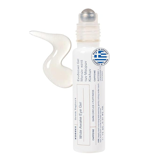 KORRES Greek Yoghurt Wide Awake Eye Gel Serum with Hyaluronic Acid and Caffeine for Dark Circles, Puffy Eyes and Under Eye Bags, Roller Massage Ball Applicator, Brightening and Hydrating, 0.51 fl oz