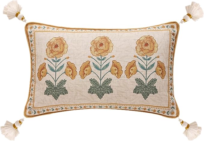 patdrea French Vintage Linen Throw Pillow Cover,12"x20"-RosaSilvestre D | Decorative Pillow Case,Yellow Floral Pattern,Cushion Coverfor Couch Living Room Bedroom Sofa,Tassel Pendant