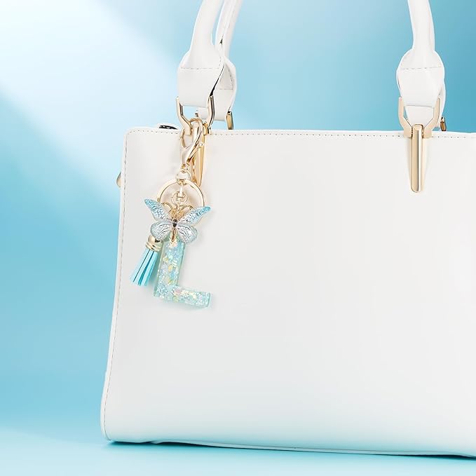 Fashion Alphabet Initial Letter Keychain Tassel Butterfly Pendant Key Ring for Purse Handbags Women Girl