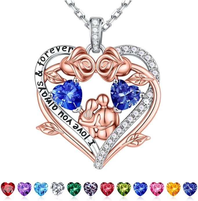 Iefil Valentines Gifts for Her Wife - 925 Sterling Silver Double Heart Birthstone Necklace, Anniversary Birthday Gifts for Women Wife Girlfriend
