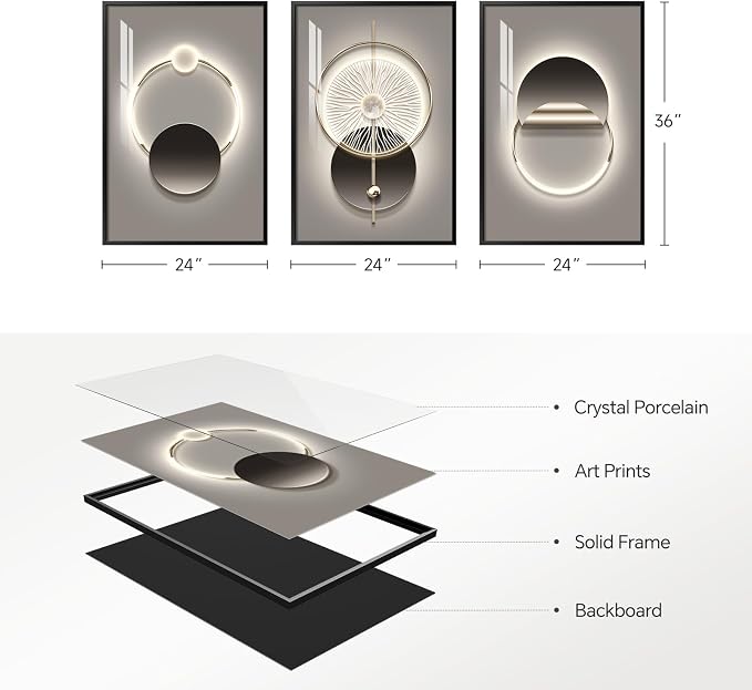 Framed Modern Black and Grey Abstract Wall Art for Living Room, Large 3 Piece Bright Silvery Pictures Artwork Decor, Minimalist Geometric Luxury Painting Prints for Hallway Home Office 24x36 In
