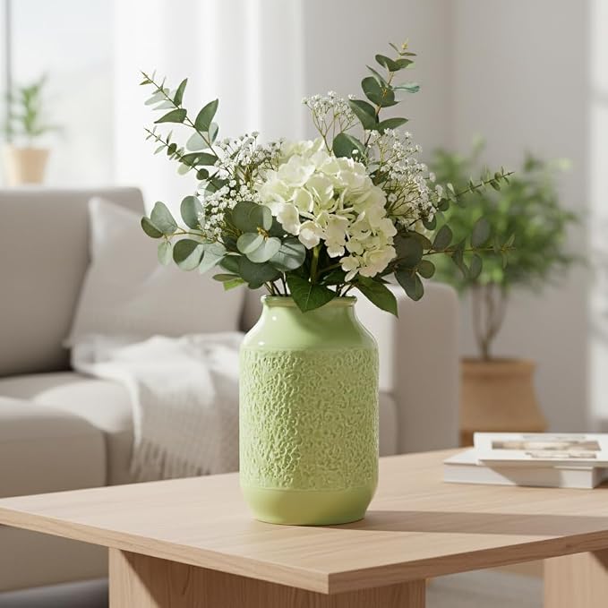 Green Ceramic Vase for Flowers, 9 Inch Decorative Vase for Pampas Grass, Modern Texture Vases for Home Decor, Table Shelf, Kitchen, Living Room Decor
