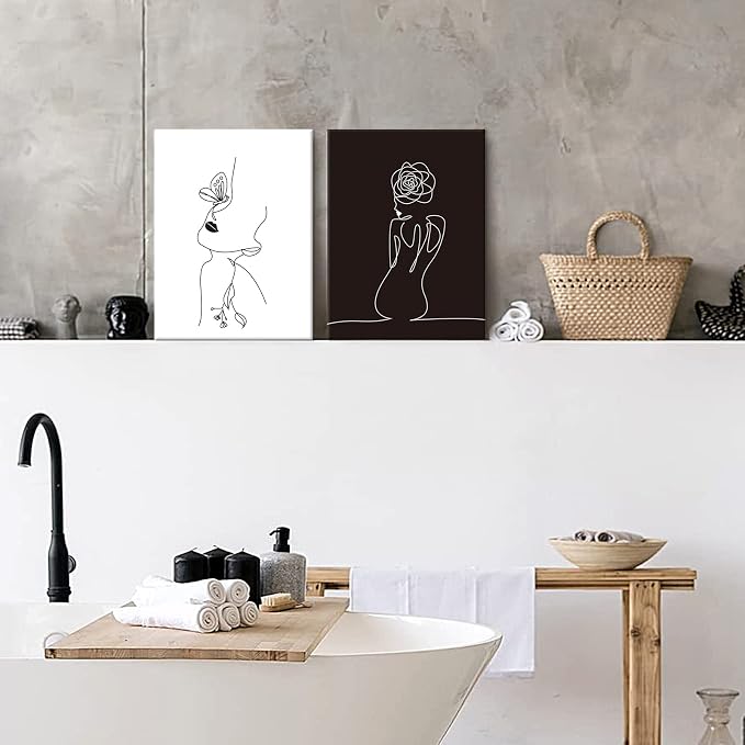 Chadow Artwork Minimalist Line Art Prints Set of 3 Abstract Women Faces Flower Wall Art Black and White Line Drawing Painting Modern Aesthetic Poster for Girls Bedroom Bathroom Living Room Decor
