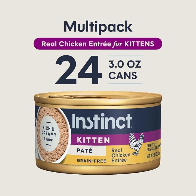 Instinct Kitten Pate Entrees, Wet Food, Real Chicken, 3 oz Cans (24 Count) | Rich & creamy pate texture, chicken, salmon & beef liver to support growth, natural DHA for healthy brain and eye development