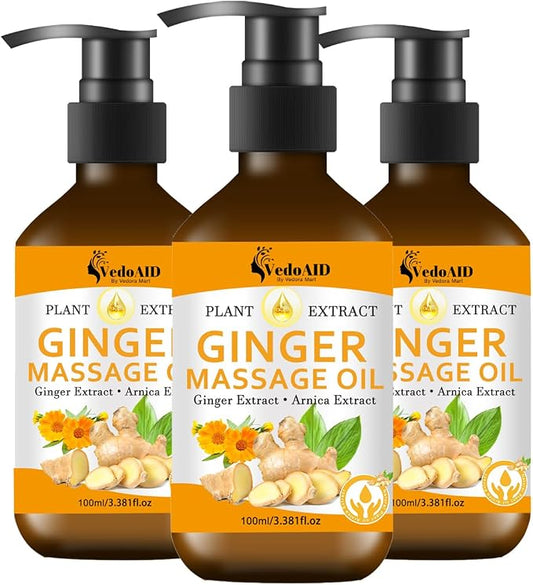 Ginger Massage Oil for Lymphatic Drainage, Sore Muscle Relief, and Massage Therapy, Ginger Oil with Arnica Extract & Vitamin E for Relax, Warm, and Soothing Body Massage, Perfect SPA Massage Oil (3pc)